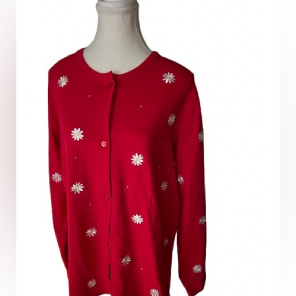 Vintage Cotton Daisy Quacker Factory Floral Flower Boho Cottage Red White Large